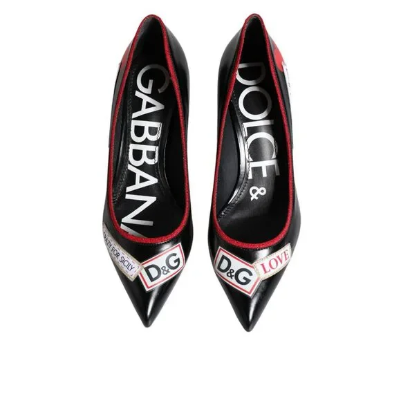 Dolce & Gabbana Black Leather Logo Print Heels Pumps Shoes - Picture 3 of 10